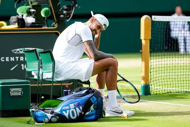 Mandatory Credit: Photo by Dave Shopland Shutterstock (13018039cc) Nick Kyrgios celebrates winning his quarter final match Wimbledon Tennis Championships, Day 10, The All England Lawn Tennis and Croquet Club, London, UK - 06 Jul 2022 Wimbledon Tennis Championships, Day 10, The All England Lawn Tennis and Croquet Club, London, UK - 06 Jul 2022  Copyright: xDavexShopland Shutterstockx 13018039cc