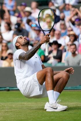 Mandatory Credit: Photo by Dave Shopland Shutterstock (13018039by) Nick Kyrgios celebrates winning his quarter final match Wimbledon Tennis Championships, Day 10, The All England Lawn Tennis and Croquet Club, London, UK - 06 Jul 2022 Wimbledon Tennis Championships, Day 10, The All England Lawn Tennis and Croquet Club, London, UK - 06 Jul 2022  Copyright: xDavexShopland Shutterstockx 13018039by
