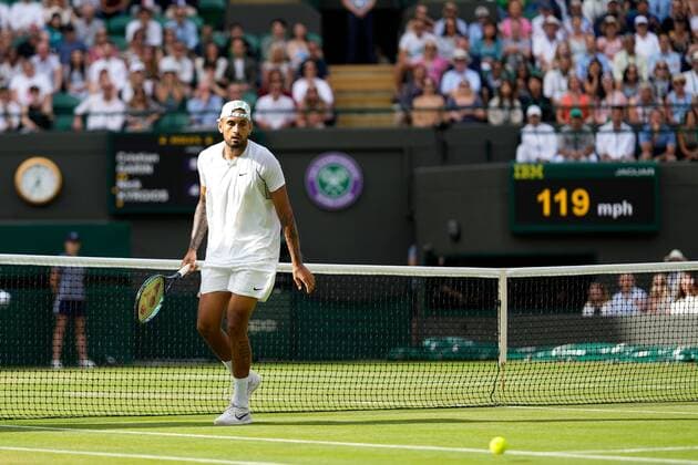 Mandatory Credit: Photo by Dave Shopland Shutterstock (13018039ck) Nick Kyrgios looks on as Cristian Garin hits his shout out on match point during his quarter final match Wimbledon Tennis Championships, Day 10, The All England Lawn Tennis and Croquet Club, London, UK - 06 Jul 2022 Wimbledon Tennis Championships, Day 10, The All England Lawn Tennis and Croquet Club, London, UK - 06 Jul 2022  Copyright: xDavexShopland Shutterstockx 13018039ck