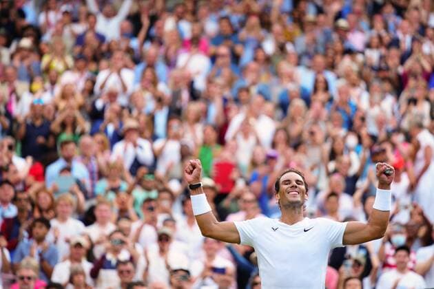 Mandatory Credit: Photo by Javier Garcia Shutterstock (13018042ko) Rafael Nadal celebrates victory in his quarter-final match Wimbledon Tennis Championships, Day 10, The All England Lawn Tennis and Croquet Club, London, UK - 06 Jul 2022 Wimbledon Tennis Championships, Day 10, The All England Lawn Tennis and Croquet Club, London, UK - 06 Jul 2022  Copyright: xJavierxGarcia Shutterstockx 13018042ko