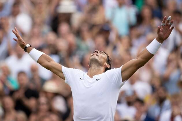 Mandatory Credit: Photo by Ella Ling Shutterstock (13018040dk) Rafael Nadal celebrates winning his quarter final match Wimbledon Tennis Championships, Day 10, The All England Lawn Tennis and Croquet Club, London, UK - 06 Jul 2022 Wimbledon Tennis Championships, Day 10, The All England Lawn Tennis and Croquet Club, London, UK - 06 Jul 2022  Copyright: xEllaxLing Shutterstockx 13018040dk
