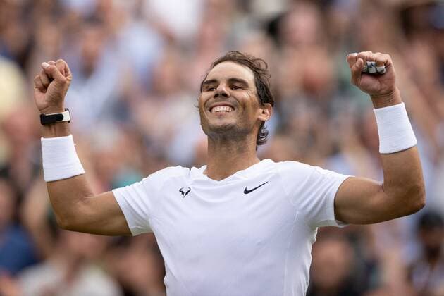 Mandatory Credit: Photo by Ella Ling Shutterstock (13018040dl) Rafael Nadal celebrates winning his quarter final match Wimbledon Tennis Championships, Day 10, The All England Lawn Tennis and Croquet Club, London, UK - 06 Jul 2022 Wimbledon Tennis Championships, Day 10, The All England Lawn Tennis and Croquet Club, London, UK - 06 Jul 2022  Copyright: xEllaxLing Shutterstockx 13018040dl