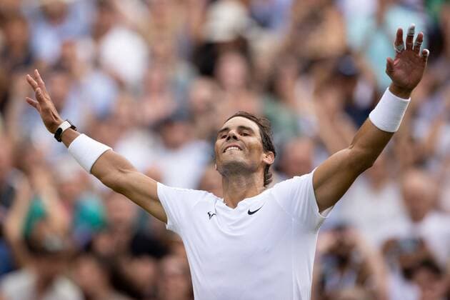 Mandatory Credit: Photo by Ella Ling Shutterstock (13018040dh) Rafael Nadal celebrates winning his quarter final match Wimbledon Tennis Championships, Day 10, The All England Lawn Tennis and Croquet Club, London, UK - 06 Jul 2022 Wimbledon Tennis Championships, Day 10, The All England Lawn Tennis and Croquet Club, London, UK - 06 Jul 2022  Copyright: xEllaxLing Shutterstockx 13018040dh