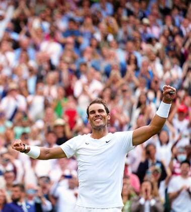 Mandatory Credit: Photo by Javier Garcia Shutterstock (13018042lf) Rafael Nadal celebrates victory in his quarter-final match Wimbledon Tennis Championships, Day 10, The All England Lawn Tennis and Croquet Club, London, UK - 06 Jul 2022 Wimbledon Tennis Championships, Day 10, The All England Lawn Tennis and Croquet Club, London, UK - 06 Jul 2022  Copyright: xJavierxGarcia Shutterstockx 13018042lf