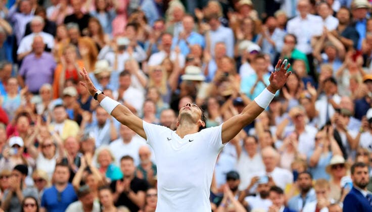 (220707) -- LONDON, July 7, 2022 -- Rafael Nadal of Spain celebrates after winning the men s singles quarter-final match against Taylor Fritz of the United States at Wimbledon Tennis Championship in London, Britain, on July 6, 2022. ) (SP)BRITAIN-LONDON-TENNIS-WIMBLEDON-MEN S SINGLES-QUARTERFINALS LixYing 