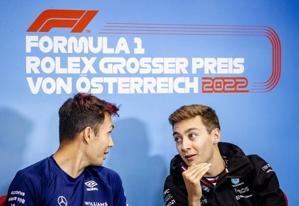 SPIELBERG Alexander Albon Williams and George Russell Mercedes during a press conference at the Red Bull Ring race track ahead of the Austrian Grand Prix ANP SEM VAN DER WAL F1 Grand Prix of Austria Qualifying 2022 xVIxANPxSportx xxANPxIVx 451444909 originalFilename: 451444909.jpg