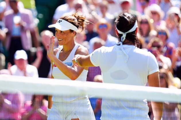 Mandatory Credit: Photo by Javier Garcia Shutterstock (13018047ba) Ons Jabeur acknowledges her opponent Tatjana Maria after their semi final match Wimbledon Tennis Championships, Day 11, The All England Lawn Tennis and Croquet Club, London, UK - 07 Jul 2022 Wimbledon Tennis Championships, Day 11, The All England Lawn Tennis and Croquet Club, London, UK - 07 Jul 2022  Copyright: xJavierxGarcia Shutterstockx 13018047ba