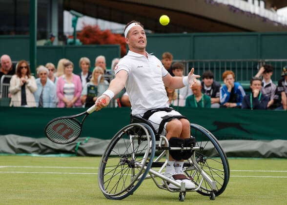 7th July 2022, All England Lawn Tennis and Croquet Club, London, England; Wimbledon Tennis tournament; Alfie Hewett (GBR) plays a forehand to Gordon Reid (GBR) in mens wheelchair quarter-final match  ActionPlus12405645 JohnxPatrickxFletcher