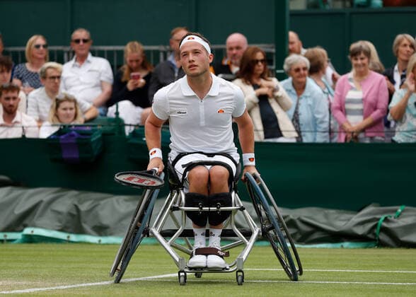 7th July 2022, All England Lawn Tennis and Croquet Club, London, England; Wimbledon Tennis tournament; Alfie Hewett (GBR) in mens wheelchair quarter-final match  ActionPlus12405648 JohnxPatrickxFletcher