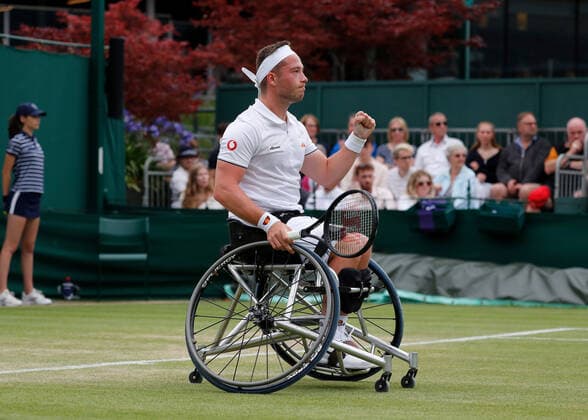 7th July 2022, All England Lawn Tennis and Croquet Club, London, England; Wimbledon Tennis tournament; Alfie Hewett (GBR) celebrates in mens wheelchair quarter-final match  ActionPlus12405651 JohnxPatrickxFletcher