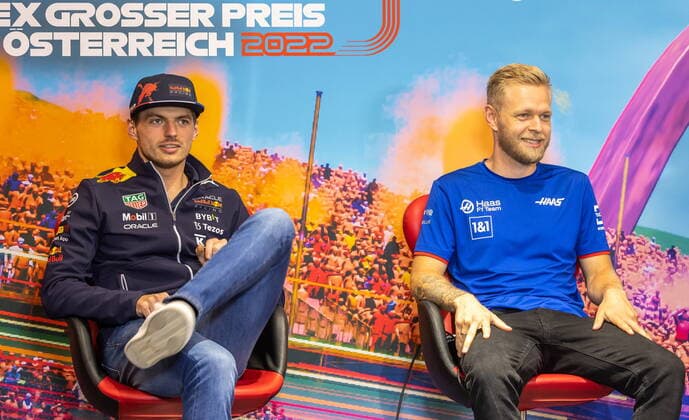 07 07 2022, Red Bull Ring, Spielberg, AUT, FIA, Formula One, Austrian Grand Prix, preliminary reports, in picture from l Max Verstappen NED Red Bull Racing , Kevin Magnussen DEN Haas F1 Team left to right Max Verstappen NED Red Bull Racing Kevin Magnussen DEN Haas F1 Team during preliminary reports befor the Austrian FIA Formula One Grand Prix at the Red Bull Ring in Spielberg, Austria on 2022 07 07 Expa Spielberg EP_gro