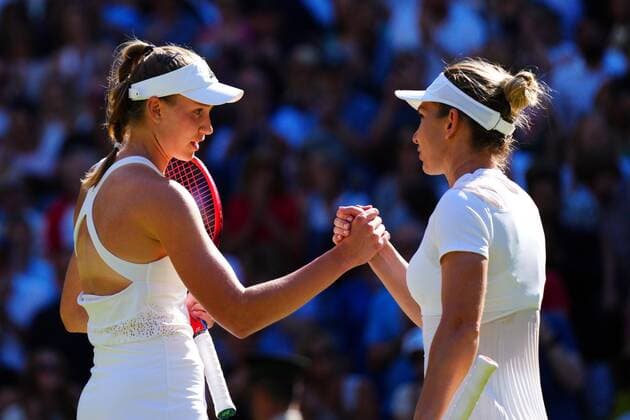 Mandatory Credit: Photo by Javier Garcia Shutterstock (13018047ei) Elena Rybakina celebrates victory in her semi final match against Simona Halep Wimbledon Tennis Championships, Day 11, The All England Lawn Tennis and Croquet Club, London, UK - 07 Jul 2022 Wimbledon Tennis Championships, Day 11, The All England Lawn Tennis and Croquet Club, London, UK - 07 Jul 2022  Copyright: xJavierxGarcia Shutterstockx 13018047ei