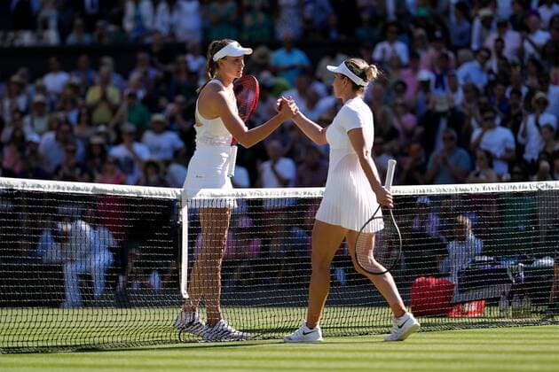 Mandatory Credit: Photo by Dave Shopland Shutterstock (13018044bf) Elena Rybakina celebrates victory in her semi final match against Simona Halep Wimbledon Tennis Championships, Day 11, The All England Lawn Tennis and Croquet Club, London, UK - 07 Jul 2022 Wimbledon Tennis Championships, Day 11, The All England Lawn Tennis and Croquet Club, London, UK - 07 Jul 2022  Copyright: xDavexShopland Shutterstockx 13018044bf