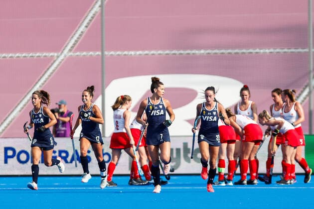 July 7, 2022, TERRASSA, BARCELONA, SPAIN: Julieta Jankunas of Argentina celebrates a goal during the FIH Hockey Women s World Cup 2022, Pool C, hockey match played between Argentina v Canada at Estadi Olimpic on July 06, 2022, in Terrassa, Barcelona, Spain. TERRASSA SPAIN - ZUMAa181 20220707_zaa_a181_003 Copyright: xIrinaxR.xHx