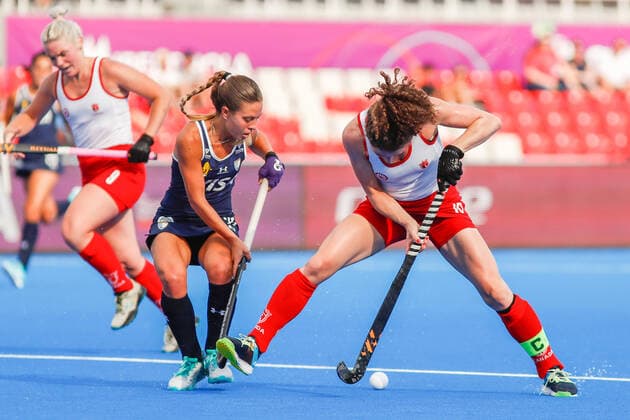 July 7, 2022, TERRASSA, BARCELONA, SPAIN: Valentina Marcucci of Argentina and Natalie Sourisseau of Canada in action during the FIH Hockey Women s World Cup 2022, Pool C, hockey match played between Argentina v Canada at Estadi Olimpic on July 06, 2022, in Terrassa, Barcelona, Spain. TERRASSA SPAIN - ZUMAa181 20220707_zaa_a181_011 Copyright: xIrinaxR.xHx