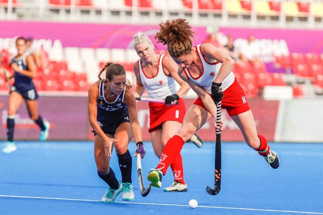 July 6, 2022, Terrassa, Barcelona, Spain: Valentina Marcucci of Argentina and Natalie Sourisseau of Canada in action during the FIH Hockey Women s World Cup 2022, Pool C, hockey match played between Argentina v Canada at Estadi Olimpic. Terrassa Spain - ZUMAa181 20220707_zaa_a181_010 Copyright: xIrinaxR.xHx