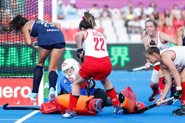 July 7, 2022, TERRASSA, BARCELONA, SPAIN: Jimena Cedres of Argentina, Marcia Laplante and Madeline Secco of Canada in action during the FIH Hockey Women s World Cup 2022, Pool C, hockey match played between Argentina v Canada at Estadi Olimpic on July 06, 2022, in Terrassa, Barcelona, Spain. TERRASSA SPAIN - ZUMAa181 20220707_zaa_a181_021 Copyright: xIrinaxR.xHx