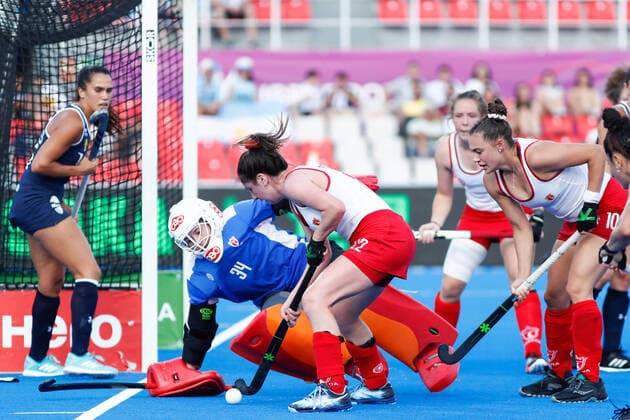 July 7, 2022, TERRASSA, BARCELONA, SPAIN: Jimena Cedres of Argentina, Marcia Laplante and Madeline Secco of Canada in action during the FIH Hockey Women s World Cup 2022, Pool C, hockey match played between Argentina v Canada at Estadi Olimpic on July 06, 2022, in Terrassa, Barcelona, Spain. TERRASSA SPAIN - ZUMAa181 20220707_zaa_a181_022 Copyright: xIrinaxR.xHx