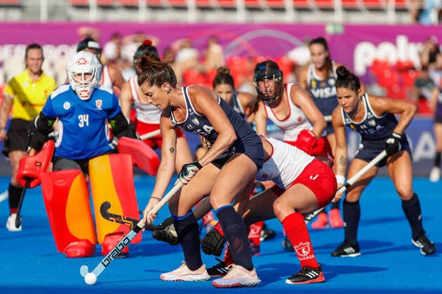 July 7, 2022, TERRASSA, BARCELONA, SPAIN: Belen Succi of Argentina and Sara McManus of Canada in action during the FIH Hockey Women s World Cup 2022, Pool C, hockey match played between Argentina v Canada at Estadi Olimpic on July 06, 2022, in Terrassa, Barcelona, Spain. TERRASSA SPAIN - ZUMAa181 20220707_zaa_a181_029 Copyright: xIrinaxR.xHx