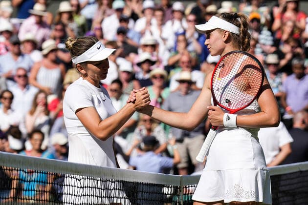 (220708) -- LONDON, July 8, 2022 -- Elena Rybakina of Kazakhstan greets Simona Halep of Romania after their women s singles semifinal match at Wimbledon Tennis Championship in London, Britain, on July 7, 2022. (Photo by Xinhua) (SP)BRITAIN-LONDON-TENNIS-WIMBLEDON-WOMEN S SINGLES-SEMIFINALS ShixTang 