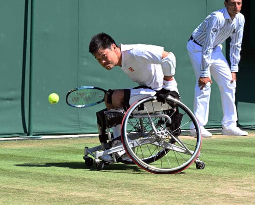 Tennis Championships - Week Two - Day Twelve - All England Lawn Tennis Club, Wimbledon - Friday 8th July 2022 Mens Wheelchair Singles Semi Final. Shingo Kunieda (Japan) v Joachim Gerard (Belgium) Shingo Kunieda (Japan) 