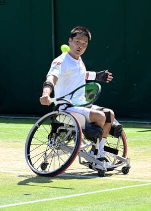 Tennis Championships - Week Two - Day Twelve - All England Lawn Tennis Club, Wimbledon - Friday 8th July 2022 Mens Wheelchair Singles Semi Final. Shingo Kunieda (Japan) v Joachim Gerard (Belgium) Shingo Kunieda (Japan) 