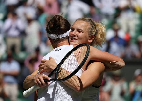 8th July 2022, All England Lawn Tennis and Croquet Club, London, England; Wimbledon Tennis tournament; Barbora Krejcikova (CZE) and Katerina Siniakova (CZE) celebrate after defeating Lyudmyla Kichenok (UKR) and Jelena Ostapenko (LAT) to reach the Ladies Doubles Final  ActionPlus12406003 JohnxPatrickxFletcher