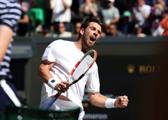 8th July 2022, All England Lawn Tennis and Croquet Club, London, England; Wimbledon Tennis tournament; Cameron Norrie (GBR) celebrates towards the crowd after winning the first set 6-2 versus Novak& xa0;Djokovic (SRB) in the mens singles semi-final  ActionPlus12406007 JohnxPatrickxFletcher