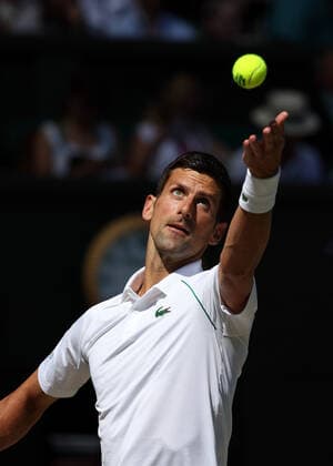 8th July 2022, All England Lawn Tennis and Croquet Club, London, England; Wimbledon Tennis tournament; Novak& xa0;Djokovic (SRB) serves to Cameron Norrie (GBR) in the mens singles semi-final  ActionPlus12406011 JohnxPatrickxFletcher