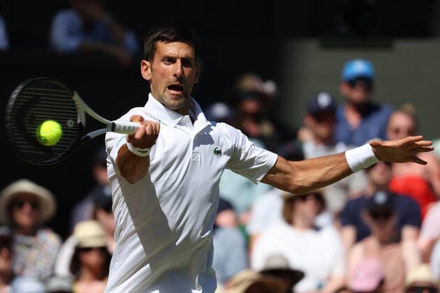 8th July 2022, All England Lawn Tennis and Croquet Club, London, England; Wimbledon Tennis tournament; Novak& xa0;Djokovic (SRB) plays a forehand to Cameron Norrie (GBR) in the mens singles semi-final match  ActionPlus12406029 JohnxPatrickxFletcher