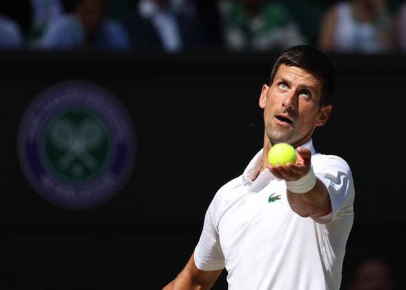 8th July 2022, All England Lawn Tennis and Croquet Club, London, England; Wimbledon Tennis tournament; Novak& xa0;Djokovic (SRB) serves to Cameron Norrie (GBR) in the mens singles semi-final match  ActionPlus12406034 JohnxPatrickxFletcher