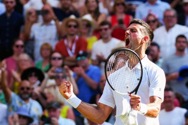 Mandatory Credit: Photo by Javier Garcia Shutterstock (13018051hn) Novak Djokovic celebrates victory in his semi-final match Wimbledon Tennis Championships, Day 12, The All England Lawn Tennis and Croquet Club, London, UK - 08 Jul 2022 Wimbledon Tennis Championships, Day 12, The All England Lawn Tennis and Croquet Club, London, UK - 08 Jul 2022  Copyright: xJavierxGarcia Shutterstockx 13018051hn
