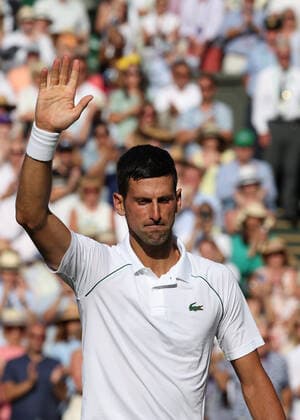 8th July 2022, All England Lawn Tennis and Croquet Club, London, England; Wimbledon Tennis tournament; Novak& xa0;Djokovic (SRB) waves to the crowd after defeating Cameron Norrie (GBR) to reach the final in the mens singles semi-final match  ActionPlus12406091 JohnxPatrickxFletcher