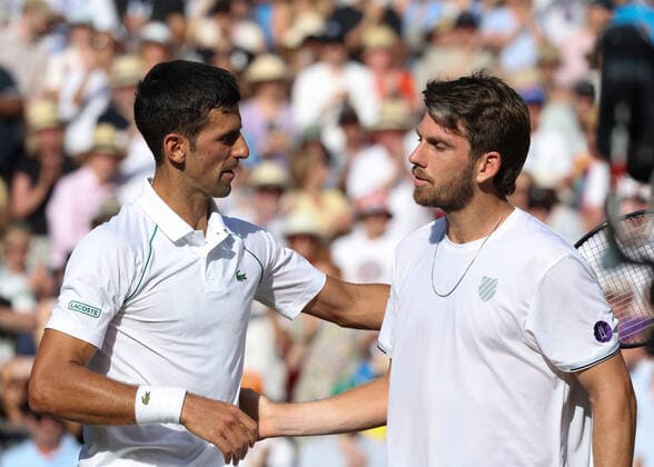 8th July 2022, All England Lawn Tennis and Croquet Club, London, England; Wimbledon Tennis tournament; Cameron Norrie (GBR) congratulates Novak& xa0;Djokovic (SRB)he lost 3-1 in sets in the mens singles semi-final match  ActionPlus12406092 JohnxPatrickxFletcher
