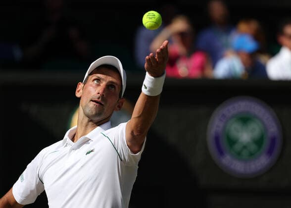 8th July 2022, All England Lawn Tennis and Croquet Club, London, England; Wimbledon Tennis tournament; Novak& xa0;Djokovic (SRB) serves to Cameron Norrie (GBR)  ActionPlus12406104 JohnxPatrickxFletcher