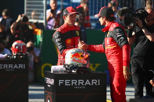 F1 Gran Prix of Austria Charles Leclerc and Carlos Sainz of Scuderia Ferrari at the end of qualifying for the F1 Grand Prix of Austria 2022. Spielberg Red Bull Ring Austria Copyright: xBasilex