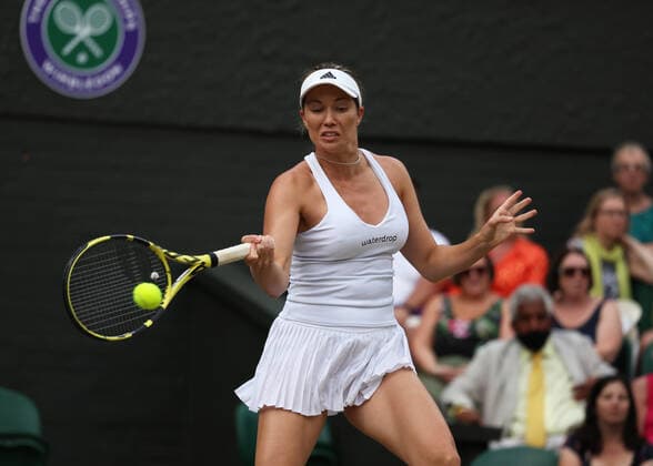 8th July 2022, All England Lawn Tennis and Croquet Club, London, England; Wimbledon Tennis tournament; Desirae Krawczyk (USA) plays a forehand to Shuai Zhang (CHN) in the womens doubles semi-final  ActionPlus12406321 JohnxPatrickxFletcher