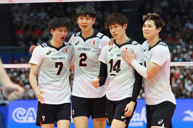 (L to R) Kenta Takanashi, Taishi Onodera, Yuki Ishikawa, Yuji Nishida (JPN), JULY 8, 2022 - Volleyball : FIVB Volleyball Nations League 2022 Men s Preliminary Round between Japan - Canada at Maruzen Intec Arena Osaka, Osaka, Japan. Noxthirdxpartyxsales  (192974299)