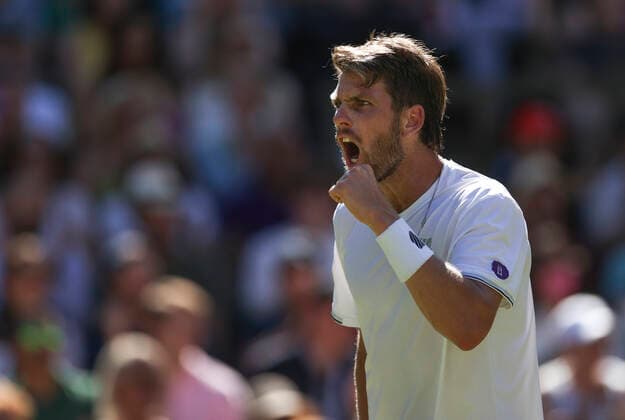 (220709) -- LONDON, July 9, 2022 -- Cameron Norrie of Great Britain celebrates during the men s singles semifinal match against Novak Djokovic of Serbia at Wimbledon Tennis Championship in London, Britain, on July 8, 2022. ) (SP)BRITAIN-LONDON-TENNIS-WIMBLEDON-MEN S SINGLES-SEMIFINALS HanxYan 