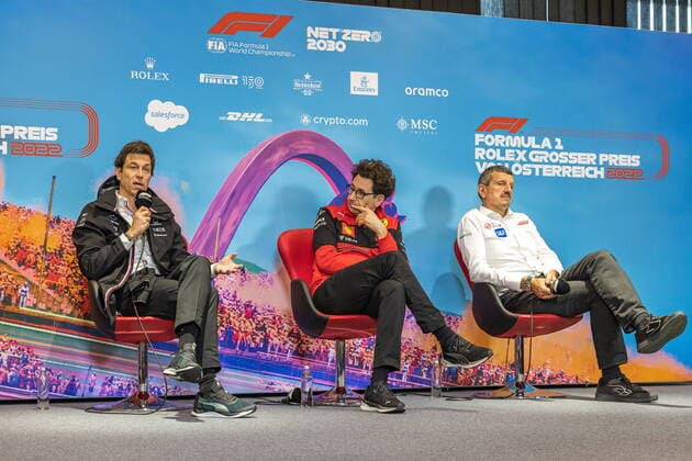 09 07 2022, Red Bull Ring, Spielberg, AUT, FIA, Formula 1, Austrian Grand Prix, press conference, in picture f l Toto Wolff Team Principal Mercedes , Mattia Binotto Team Principal Ferrari , Guenther Steiner Team Principal Haas left to right Toto Wolff Team Principal Mercedes Mattia Binotto Team Principal Ferrari Guenther Steiner Team Principal Haas during a press conference for the Austrian FIA Formula One Grand Prix at the Red Bull Ring in Spielberg, Austria on 2022 07 09 Pictures 2022, PhotoCredit Johann Groder Spielberg  EP_gro