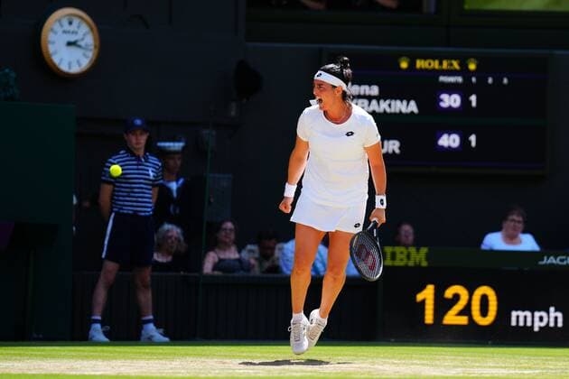 Mandatory Credit: Photo by Javier Garcia Shutterstock (13018057t) Ons Jabeur celebrates an early break during the Ladies Singles Final Wimbledon Tennis Championships, Day 13, The All England Lawn Tennis and Croquet Club, London, UK - 09 Jul 2022 Wimbledon Tennis Championships, Day 13, The All England Lawn Tennis and Croquet Club, London, UK - 09 Jul 2022  Copyright: xJavierxGarcia Shutterstockx 13018057t