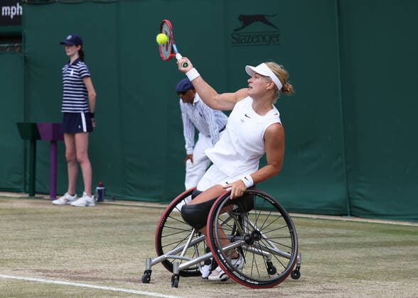 9th July 2022, All England Lawn Tennis and Croquet Club, London, England; Wimbledon Tennis tournament, ladies wheelchair singles final; Diede de Groot (NED) plays a forehand to Yui Kamiji (JPN)  ActionPlus12406582 JohnxPatrickxFletcher
