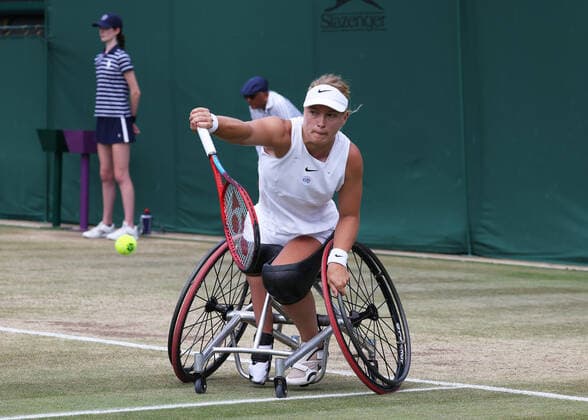 9th July 2022, All England Lawn Tennis and Croquet Club, London, England; Wimbledon Tennis tournament, ladies wheelchair singles final; Diede de Groot (NED) plays a backhand to Yui Kamiji (JPN)  ActionPlus12406585 JohnxPatrickxFletcher