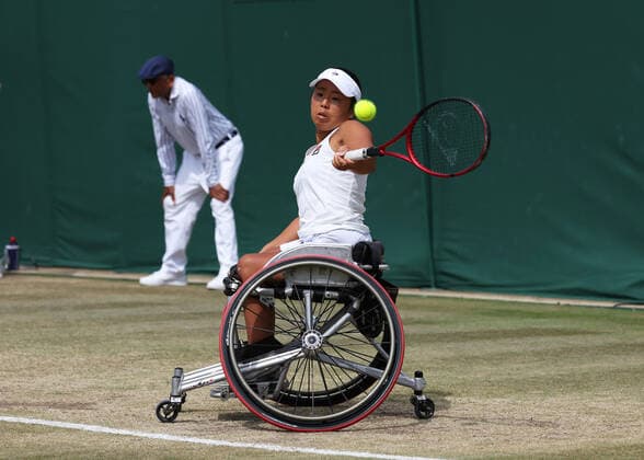 9th July 2022, All England Lawn Tennis and Croquet Club, London, England; Wimbledon Tennis tournament, ladies wheelchair singles final; Yui Kamiji (JPN) plays a forehand to Diede de Groot (NED)  ActionPlus12406575 JohnxPatrickxFletcher