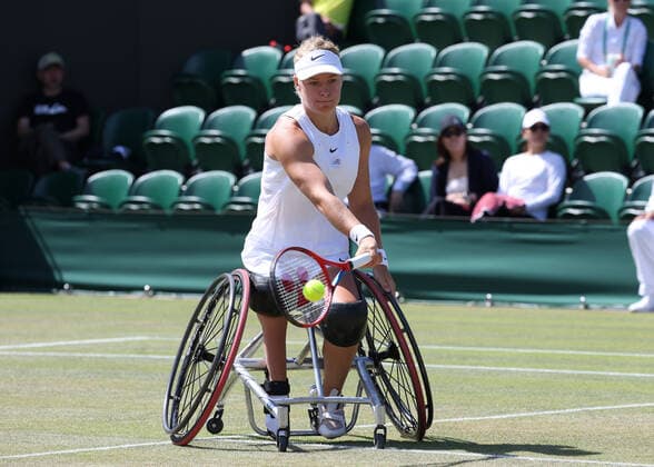 9th July 2022, All England Lawn Tennis and Croquet Club, London, England; Wimbledon Tennis tournament, ladies wheelchair singles final; Diede de Groot (NED) plays a forehand to Yui Kamiji (JPN)  ActionPlus12406594 JohnxPatrickxFletcher