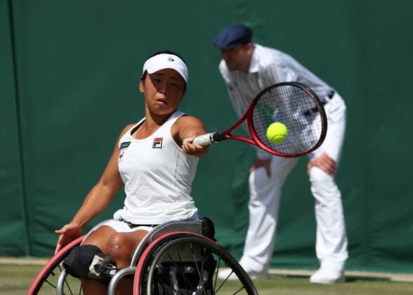 9th July 2022, All England Lawn Tennis and Croquet Club, London, England; Wimbledon Tennis tournament, ladies wheelchair singles final; Yui Kamiji (JPN) plays a forehand to Diede de Groot (NED)  ActionPlus12406596 JohnxPatrickxFletcher