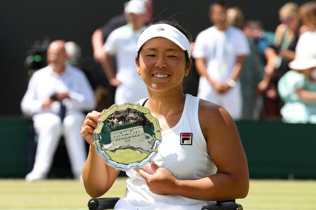 9th July 2022, All England Lawn Tennis and Croquet Club, London, England; Wimbledon Tennis tournament, ladies wheelchair singles final; Yui Kamiji (JPN) poses with the Ladies Wheelchair Singles runner up plate  ActionPlus12406606 JohnxPatrickxFletcher
