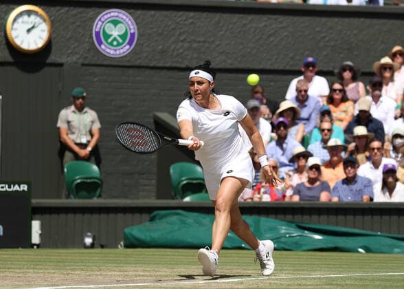 9th July 2022, All England Lawn Tennis and Croquet Club, London, England; Wimbledon Tennis tournament, womens singles final; Ons Jabeur (TUN) plays a forehand to Elena Rybakina (KAZ)  ActionPlus12406612 JohnxPatrickxFletcher