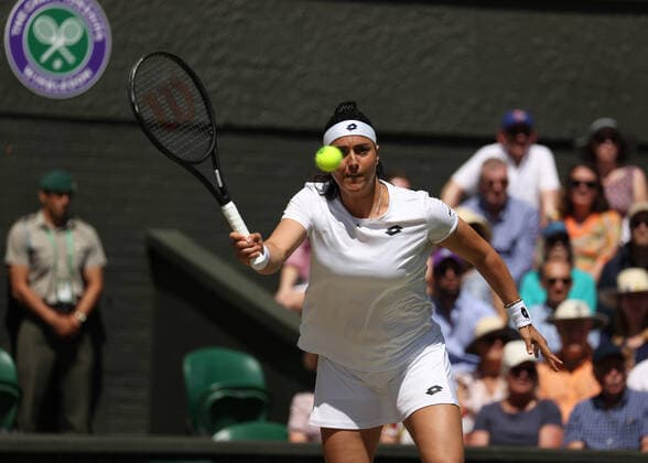 9th July 2022, All England Lawn Tennis and Croquet Club, London, England; Wimbledon Tennis tournament, womens singles final; Ons Jabeur (TUN) plays a forehand to Elena Rybakina (KAZ)  ActionPlus12406615 JohnxPatrickxFletcher