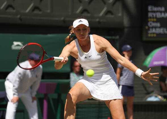9th July 2022, All England Lawn Tennis and Croquet Club, London, England; Wimbledon Tennis tournament, womens singles final; Elena Rybakina (KAZ) plays a forehand to Ons Jabeur (TUN)  ActionPlus12406619 JohnxPatrickxFletcher